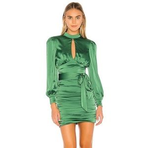 Majorelle bristol ruched long sleeve satin belted mini dress jewel green revolve